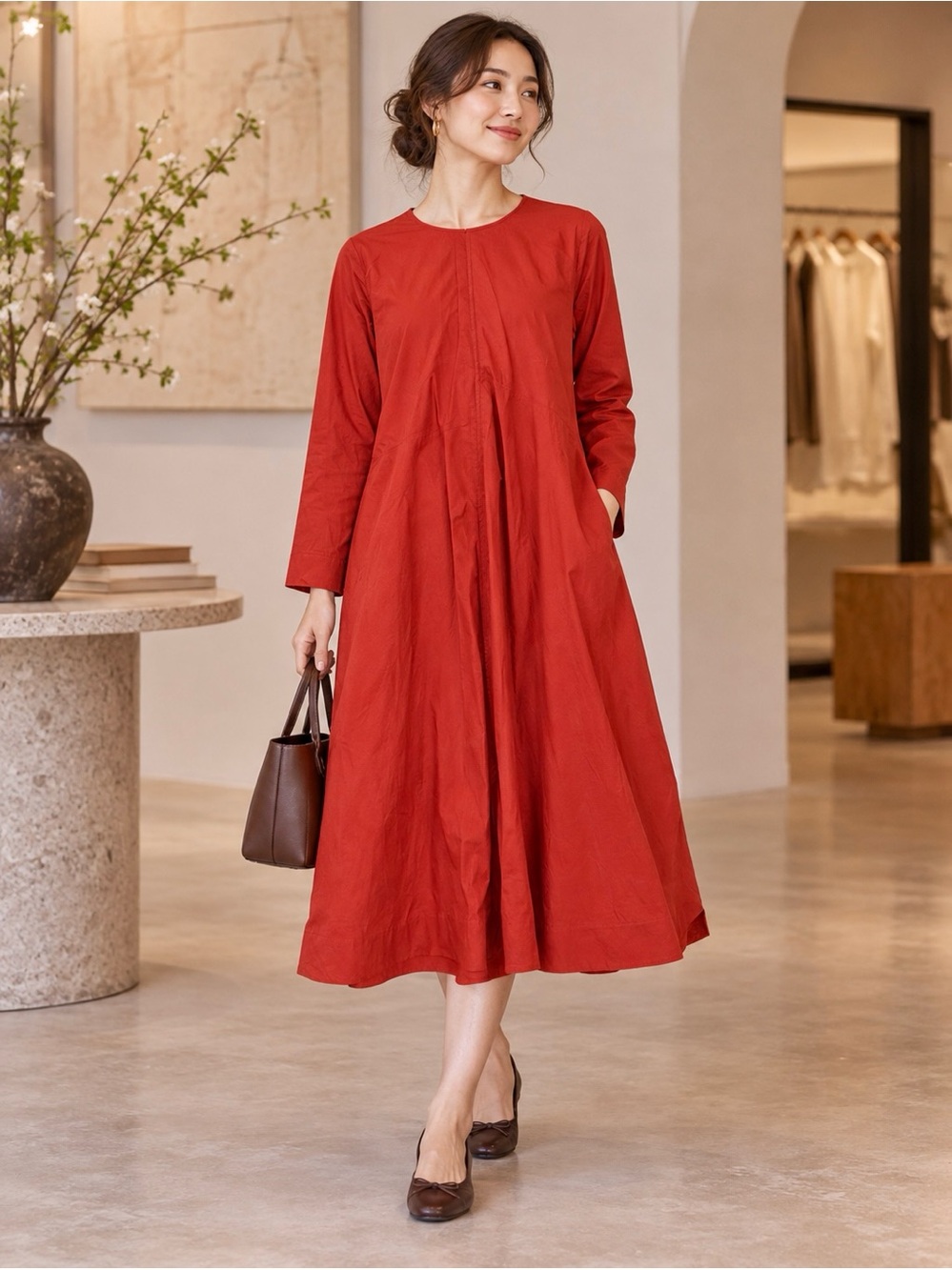 COS Red Long Sleeve Midi Dress